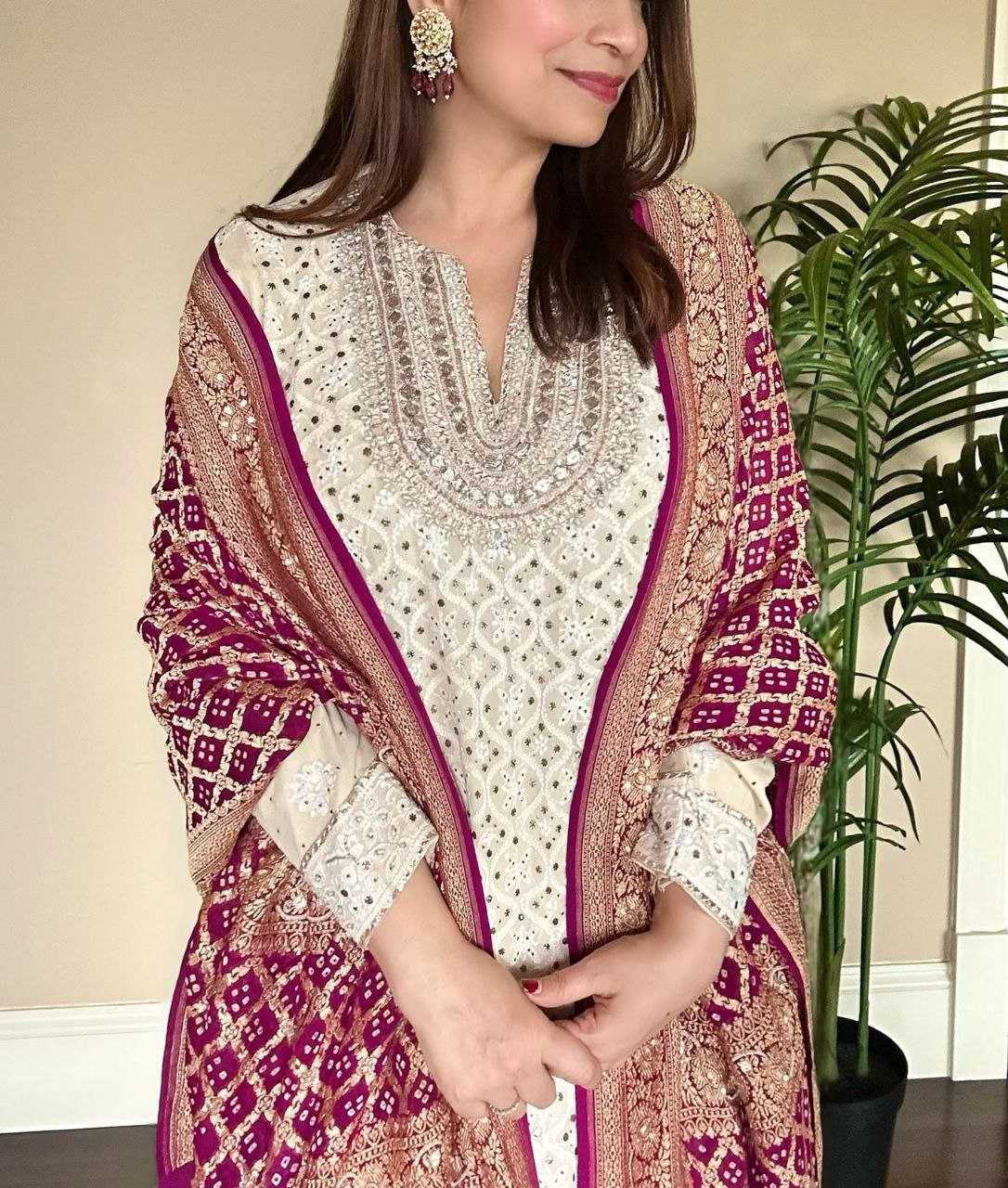 Faux Georgette Embroidered Kurti With Palazzo